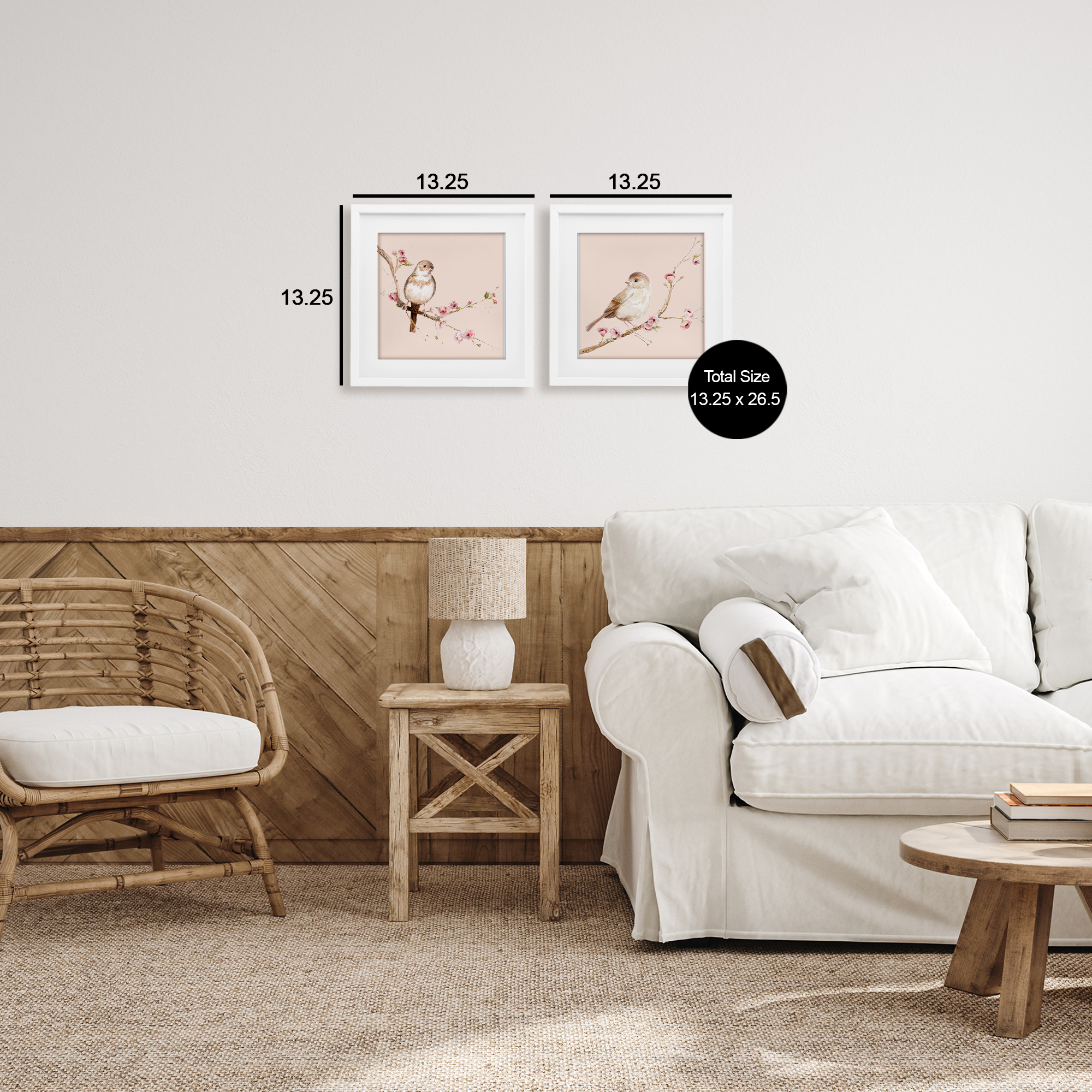 Sweetest Brown Birds Branch 2 Piece White Framed Print Under Glass Set, design by Lisa Wehmeyer