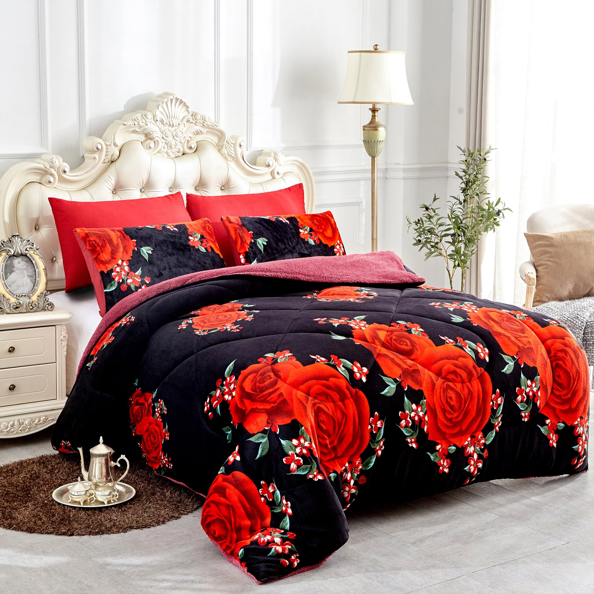 Details about   New Down Alt Tan Red Plaid Reverse 4 pcs Soft Sherpa Comforter King Queen Set 