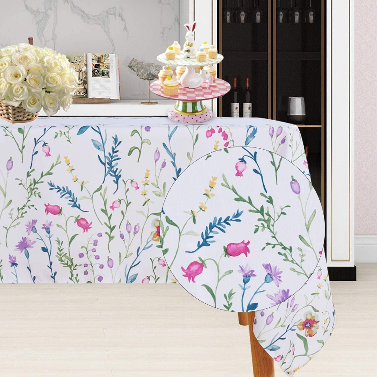 Dust Proof Anti Wrinkle Wipeable Table Cloth Tabletop for Decoration of Dinner Kitchen Wedding Holiday Party 60x108 Qilmy Cute Easter Bunny & Spring Flowers Rectangle Tablecloth 