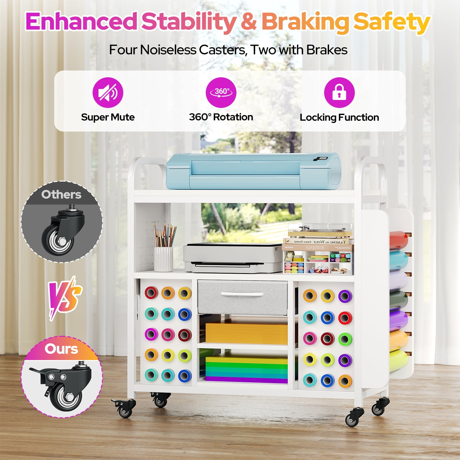 Large Rolling Craft Organization and Storage Cart with Vinyl Roll Holder & Hooks, Mobile Craft Organizer Workstation Compatible for Cricut Machines, Sewing Cricut Stand, Craft Room Storage Cabinet