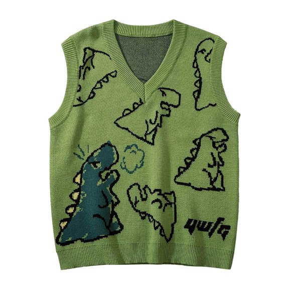 GBSYEWXS Men Vest Sweaters Sleeveless Cardigan Daily Wear Dinosaur Print Knit Green V-Neck Sweater