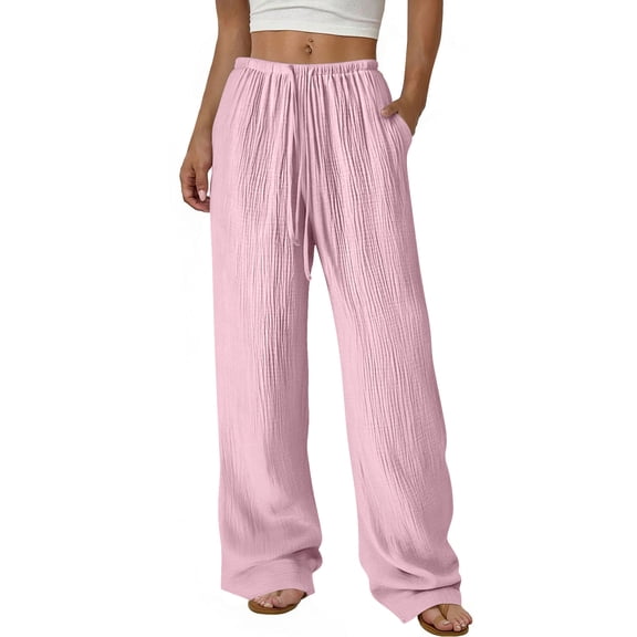 STETMN Linen Pants for Women Solid Drawstring Elastic Waist Casual Trousers Lightweight Pant with Pocket