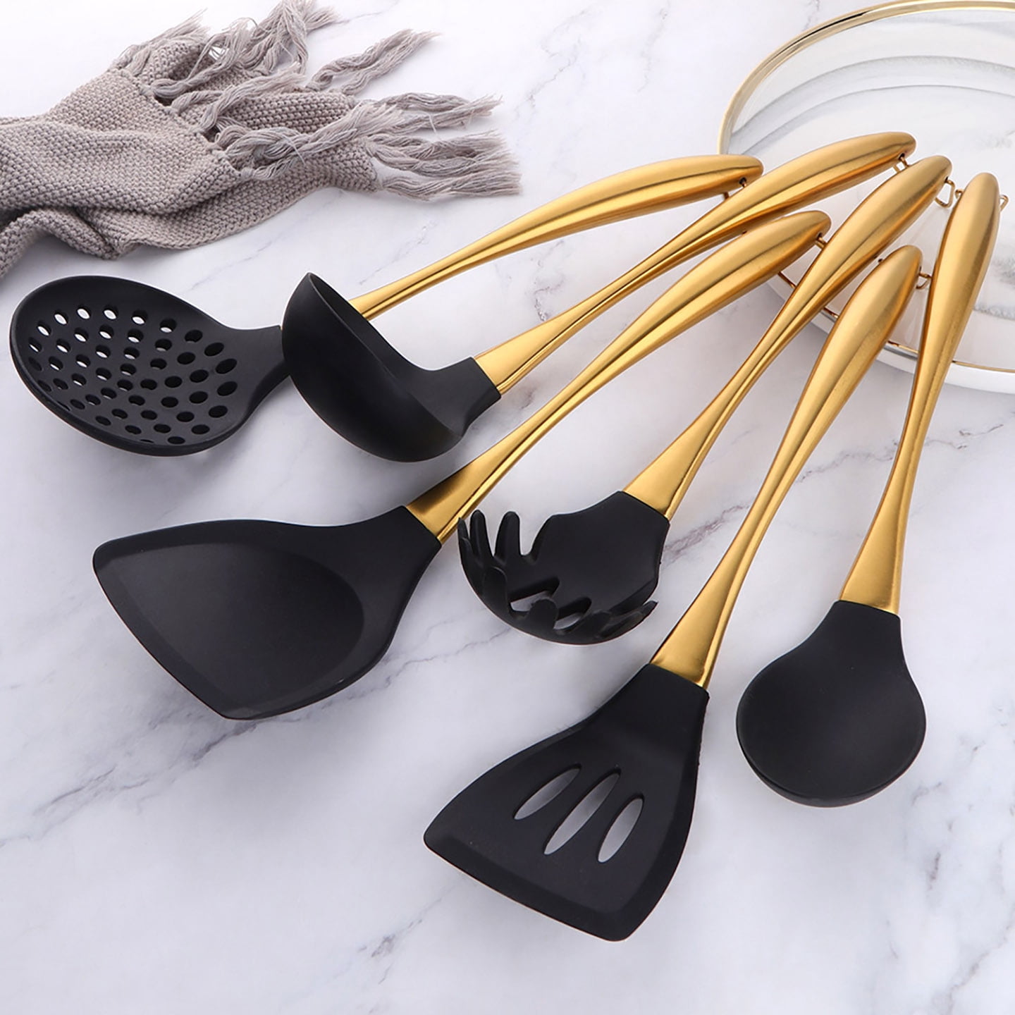Silicone Cooking Utensils Set, 6-Piece Non-Stick Kitchen Utensil Set with Titanium Stainless Steel Handles & Holder, Spatula, Spoon, Tongs for Baking, Grilling & Frying - Dishwasher Safe,  Gold