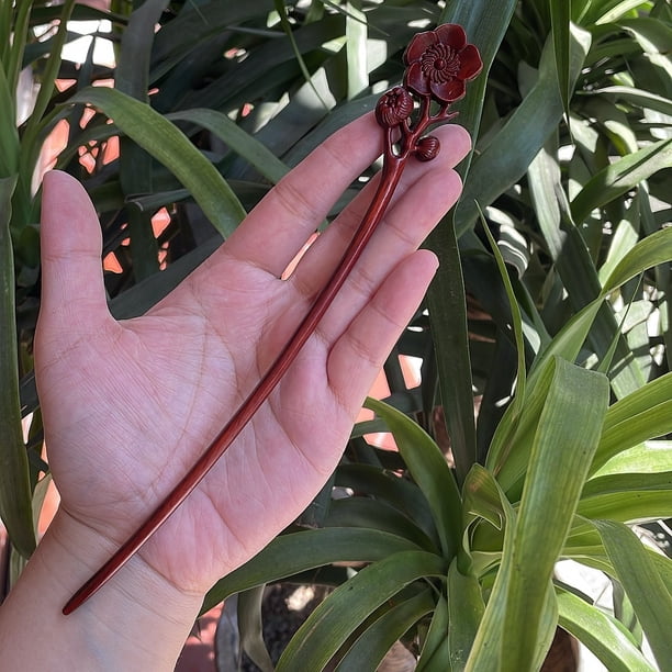 Horquilla antigua tallada en madera de sándalo rojo lobular, placa para el cabello, artesanías de madera pulida a mano, regalos antiguos de caoba