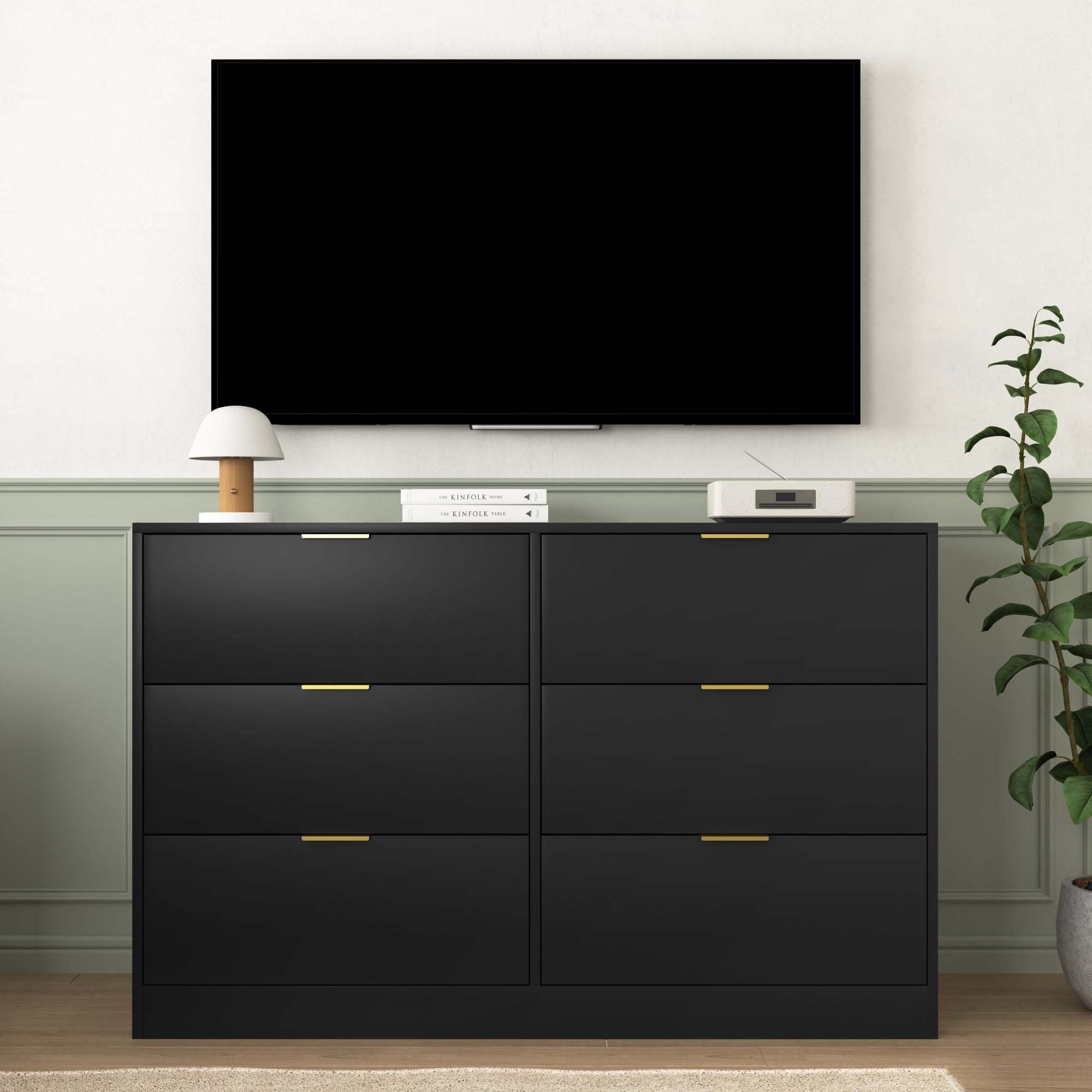 Modern 6 Drawer Dresser,Wood Chest of Drawers,Wide Storage Cabinet for Bedroom,Living Room,Hallway,Black