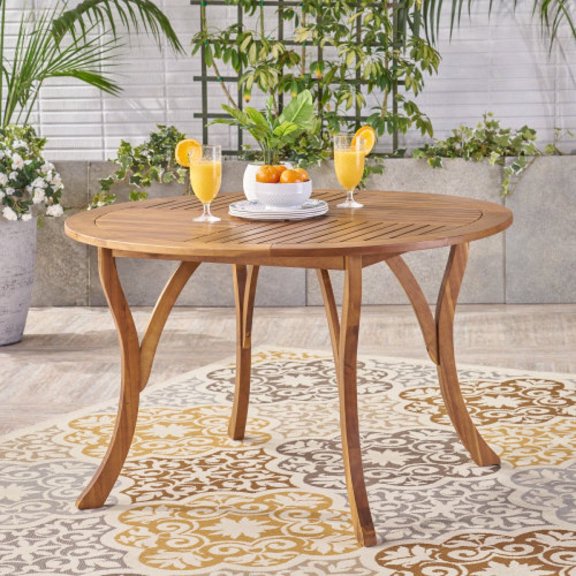 47.25" Round Acacia Wood Dining Table, Teak Finish, Weather-Resistant Slatted Patio Table for Indoor & Outdoor Use