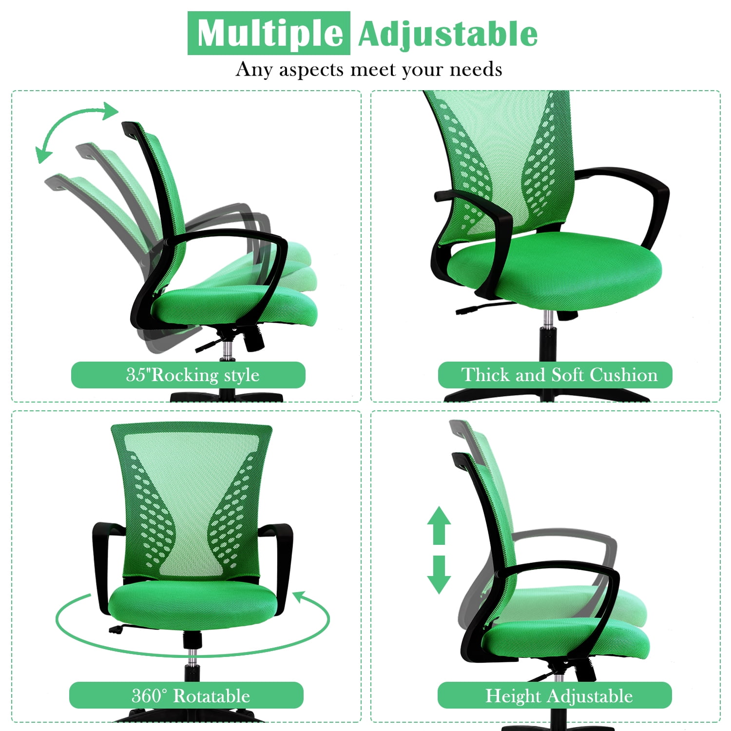 Home Office Chair Mesh Desk Chair w/Comfortable Seat Lumbar Support, Adjustable Mid Back Computer Chair Rolling Swivel Chair for Women Adult, Green