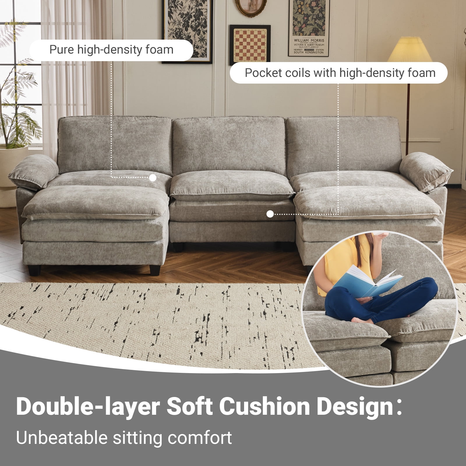 Ktaxon 120" W Sectional Sofa U Shaped Couch with Double Chaise Chenille Sleeper Set with 3 Oversized Seats Light Gray