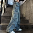 thumbnail image 7 of Miluxas Baggy Cargo Pants for Girls Wide Leg Jeans Streetwear Low Rise Oversized Jeans Blue 14-15Years, 7 of 7