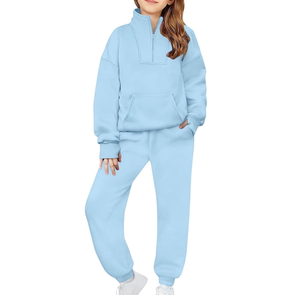KyCheLot Boys Girls 2 Piece Outfits Sweatsuit Half Zip Thumb Hole Sweatshirts and Sweatpants Activewear School 5-14Years