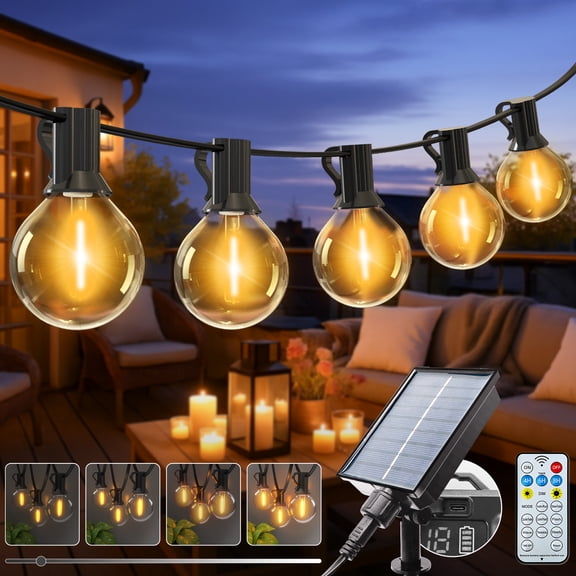 Solar String Lights Outdoor with Remote, 32.8FT Waterproof Dimmable String Light, USB or Solar Powered with 14 1 Shatterproof G40 Bulbs for Gazebo Fence Wedding