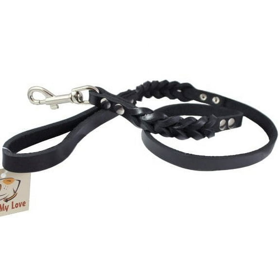 Real Leather Braided Dog Leash Black 5/8" Wide 42" Long