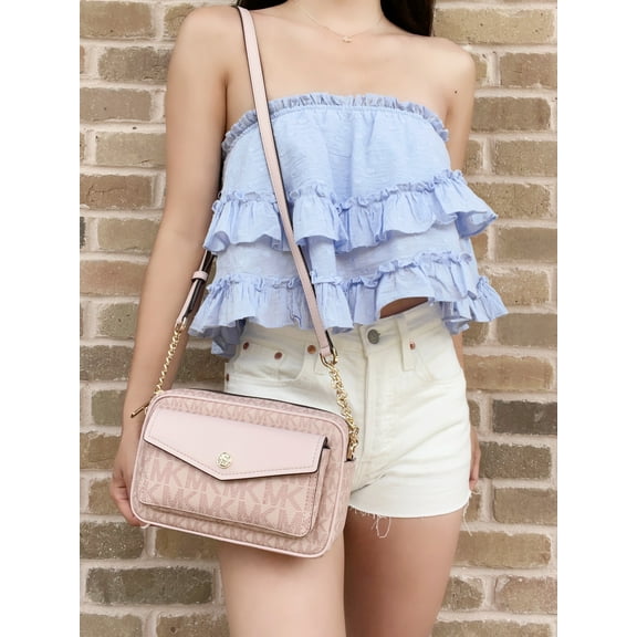 Michael Kors Jet Set Medium Powder Blush Pvc Pocket Camera Bag Crossbody Handbag