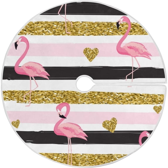 FMSHPON Gold Glittering HeartsFlamingos Xmas Christmas Tree Skirt Stand Mat for Holiday Party Decoration Indoor Outdoor 36 inches