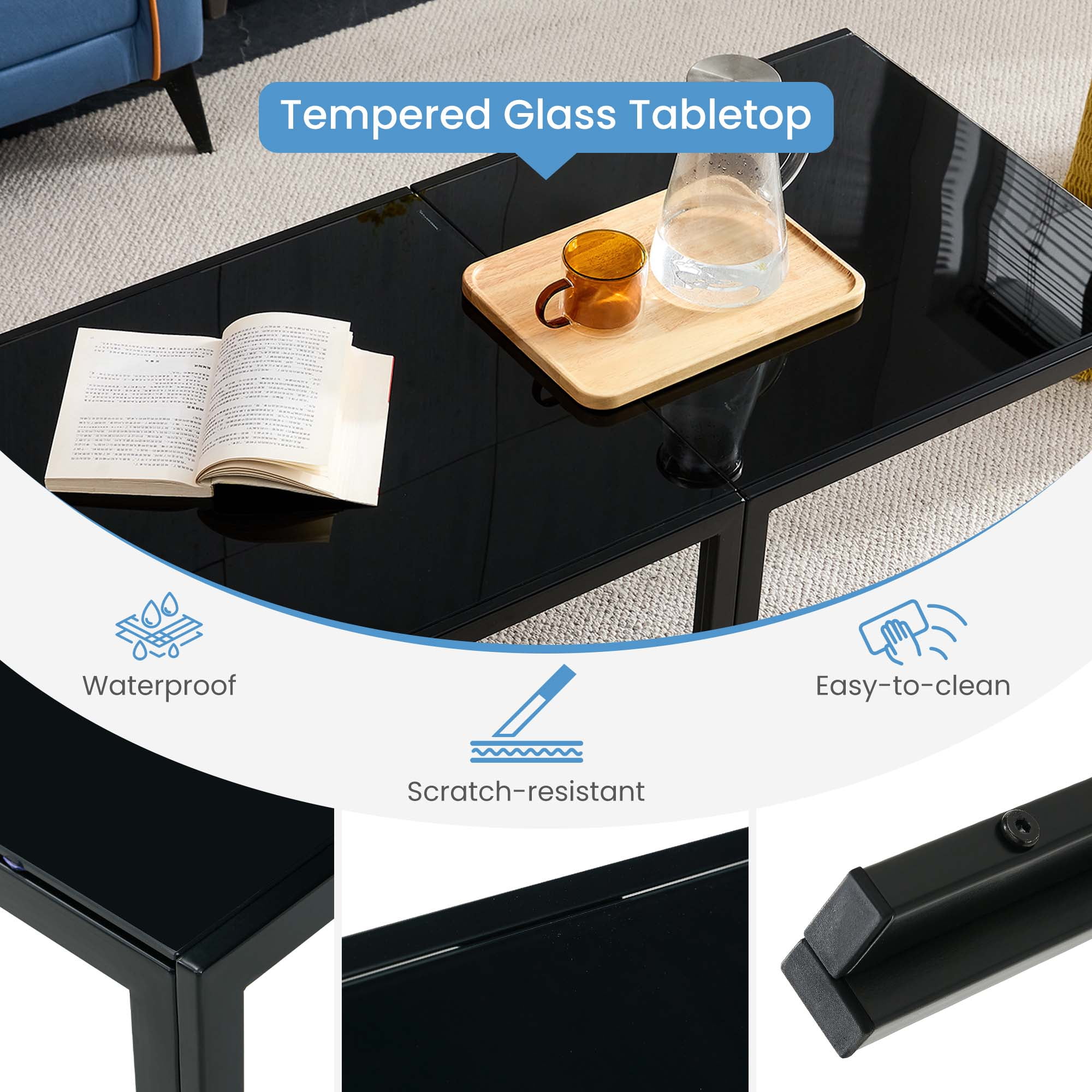 Aukfa Modern Coffee Table Set of 2, End Table Side Tables for Living Room Bedroom Yard, Black