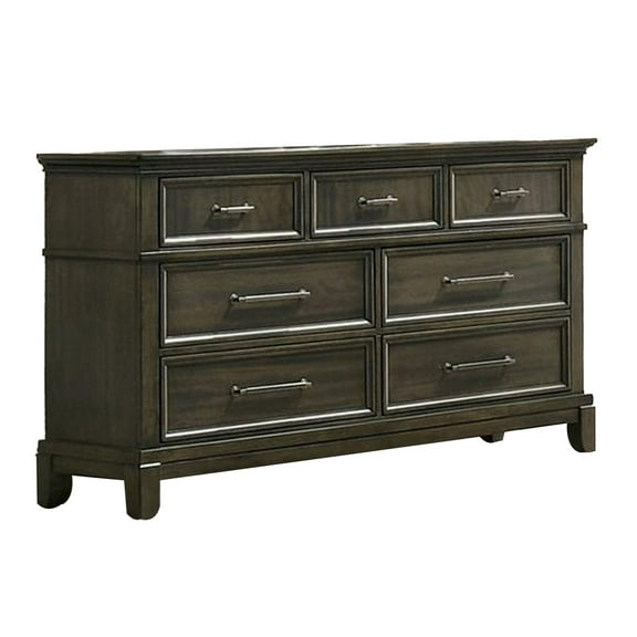 Ston 63 Inch Wide Dresser Chest, 7 Drawers, Pewter Handles, Wood, Gray