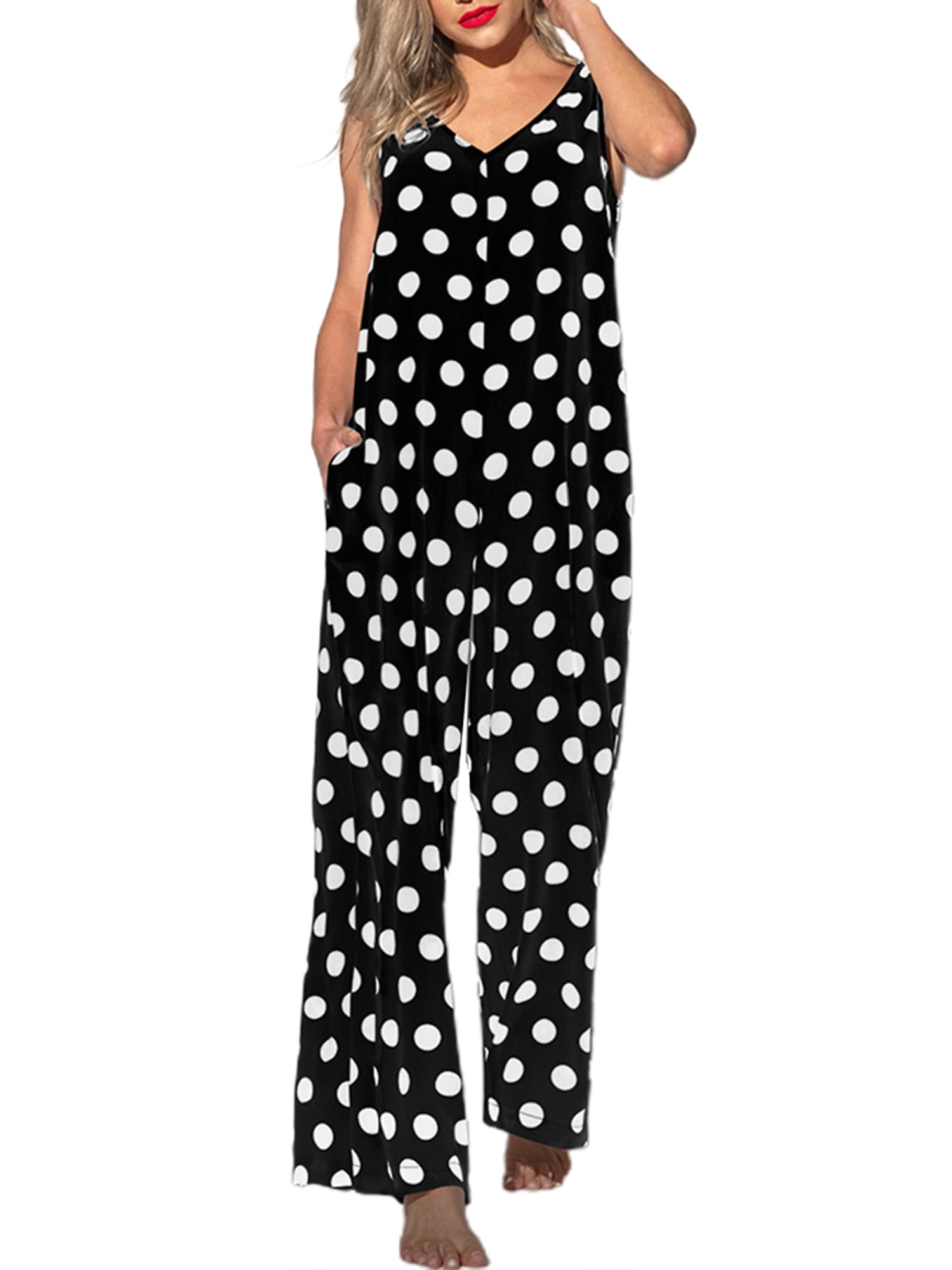 Gillac Womens Summer Polka Dot Romper Wide Leg Pants Jumpsuit Sleeveless Strappy Loose V Neck Casual Playsuit, Women's, Size: Medium, Black