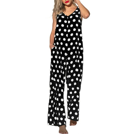 LOVECOCO Womens Polka Dot Strappy Romper Wide Leg Pants Jumpsuit Sleeveless V Neck Casual Loose Playsuits | Walmart (US)