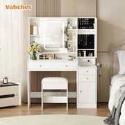 Vabches Vanity Set with Sliding Mirror and Lights Makeup Table with 3 Drawers & 2 Cabinets & 5 Shelves, White