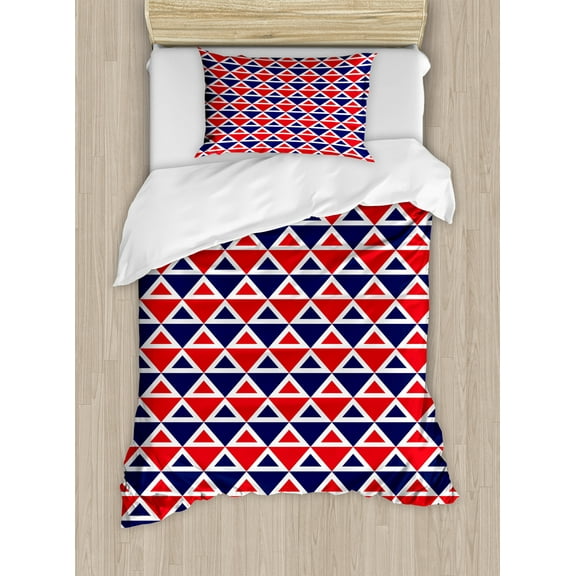 Americana Duvet Cover Set, USA Flag Inspired Abstract Pattern Squares and Triangles Art, Decorative 2 Piece Bedding Set with 1 Pillow Shams, Twin Size, Red Dark Blue and White, by Ambesonne