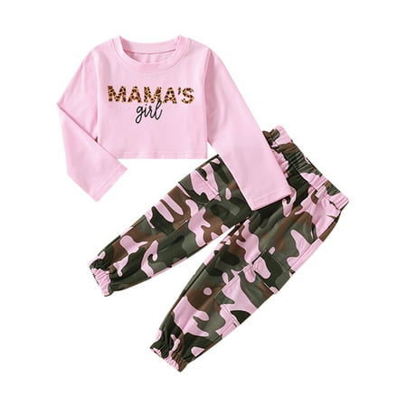 

Sunisery Kids Baby Girls 2Pcs Clothes Sets Leopard Letter Long Sleeve Pullover Tops Camouflage Pants Outfits Pink 1-2 Years