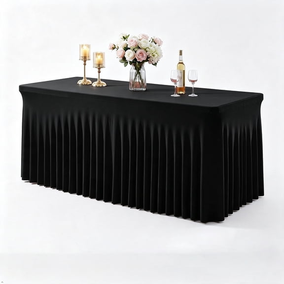SUNTQ Spandex Fitted Table Cover Skirts for 6 Foot Tables, 6FT Full Wrap Around Rectangular Stretch Tablecloth, Wrinkle Resistant Table DeskSkirt for Weddings Birthday Party Banquet Decor,Black