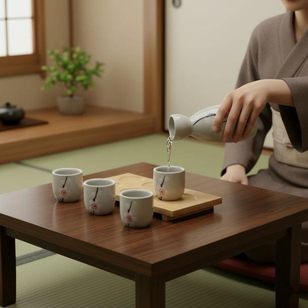 Japanese Sake Set , Ceramic Saki Cup Set with 1 Sake Carafe, 4