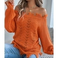 thumbnail image 4 of Women'S Solid Color Openwork Long-Sleeved Sweater, Off-Shoulder Knit Pullover Orange S, 4 of 10