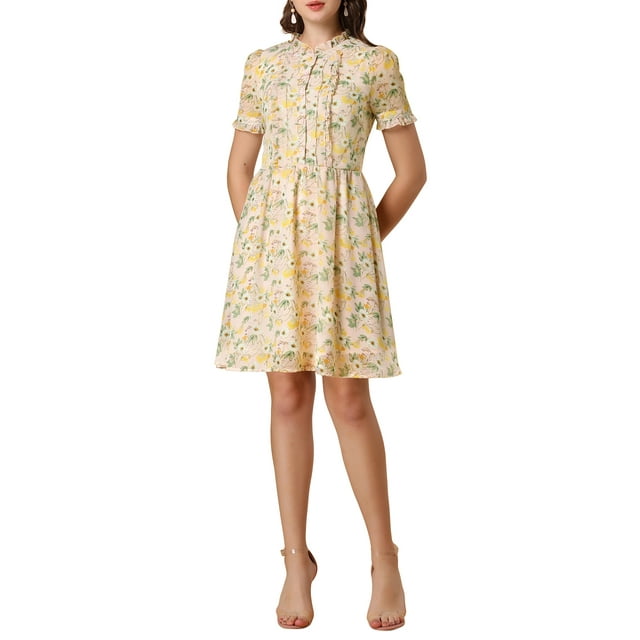 INSPIRE CHIC Women's Floral Ruffle Decor Puff Short Sleeves Chiffon Dress XS Pink