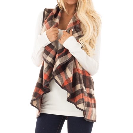 Nlife Women Lapel Collar Sleeveless Open Front Plaid Cardigan