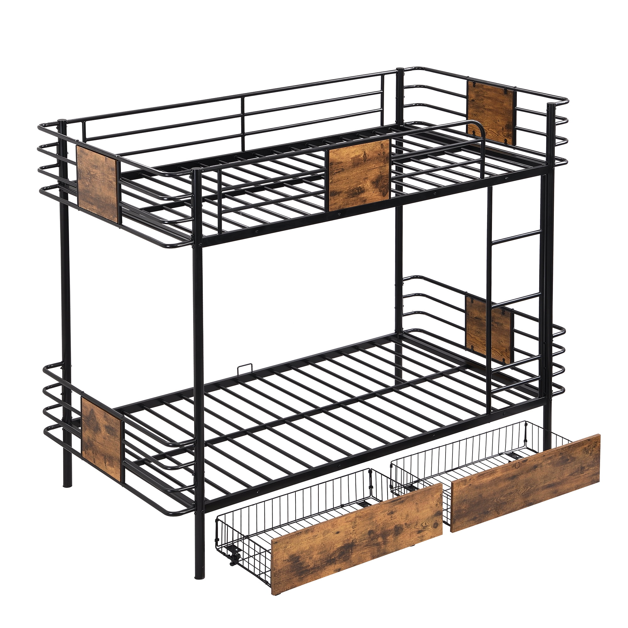 Euroco Metal Twin XL over Twin XL Bunk Bed with 2 Drawers for Kids Teens, Black