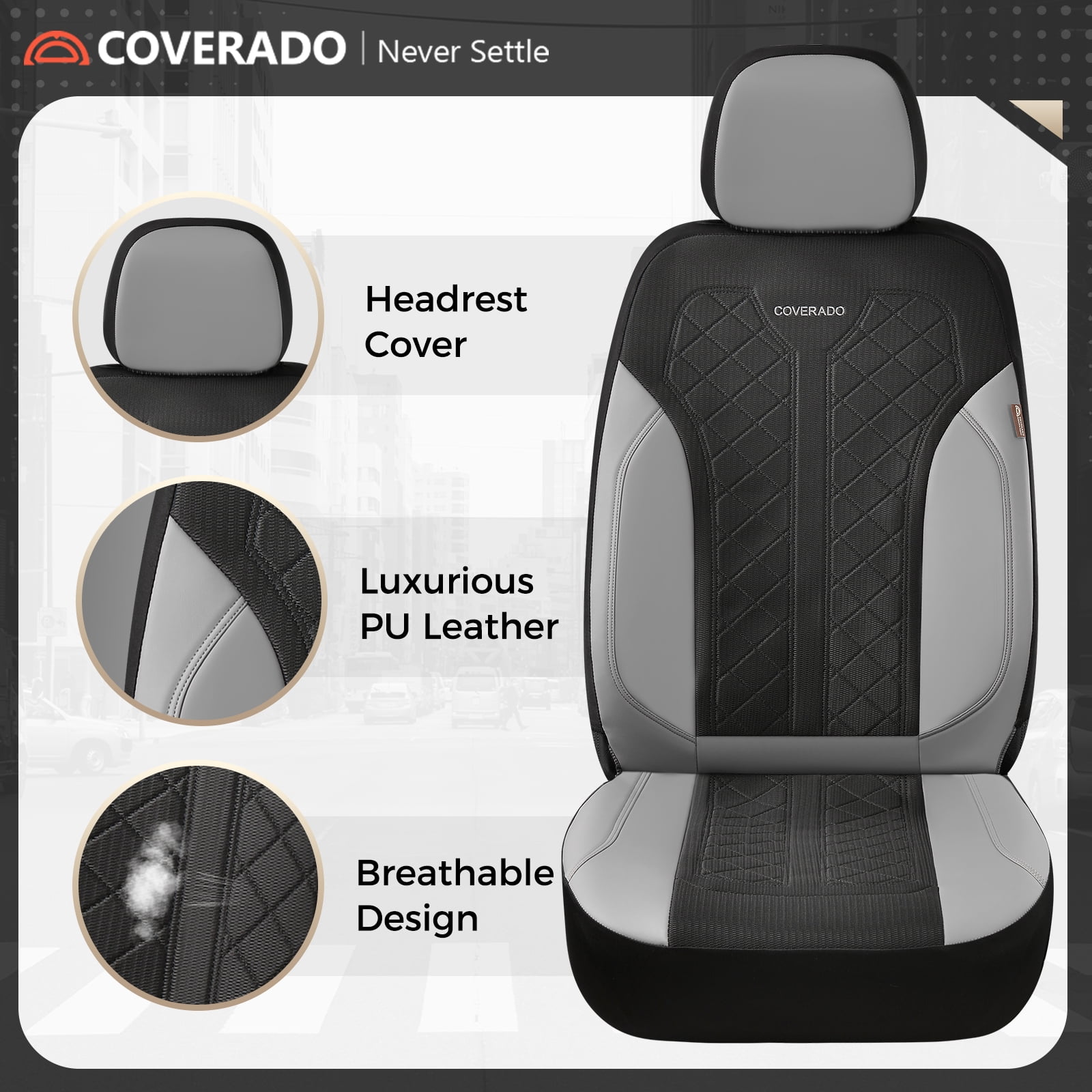 Coverado Front Car Seat Covers, 2 Seats Luxury Faux Leather Seat Protectors, Universal Fit for Most Cars, Black&Gray