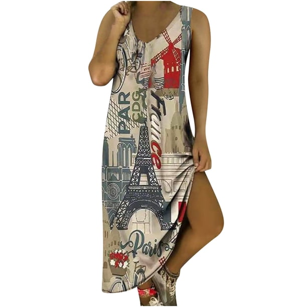 Vestidos para Mujer Maxi Vestido Casual Tallas Grandes Estampado Escote en V Bolsillos Sin Mangas Vestido Largo Odeerbi ODB-5