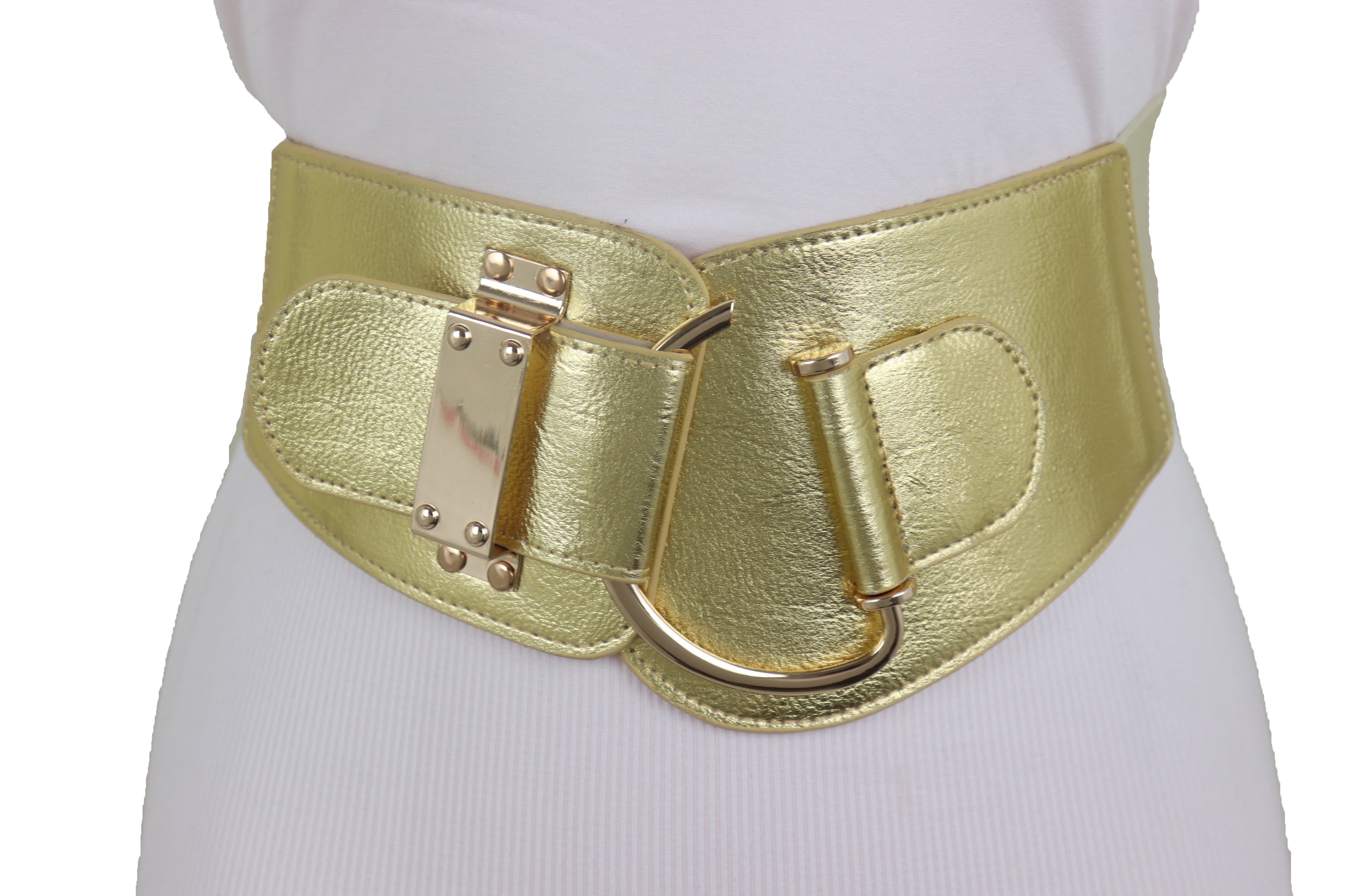 New Women Hip Waist Elastic Black Thin Fashion Belt Two Antique Gold Buckles S M 