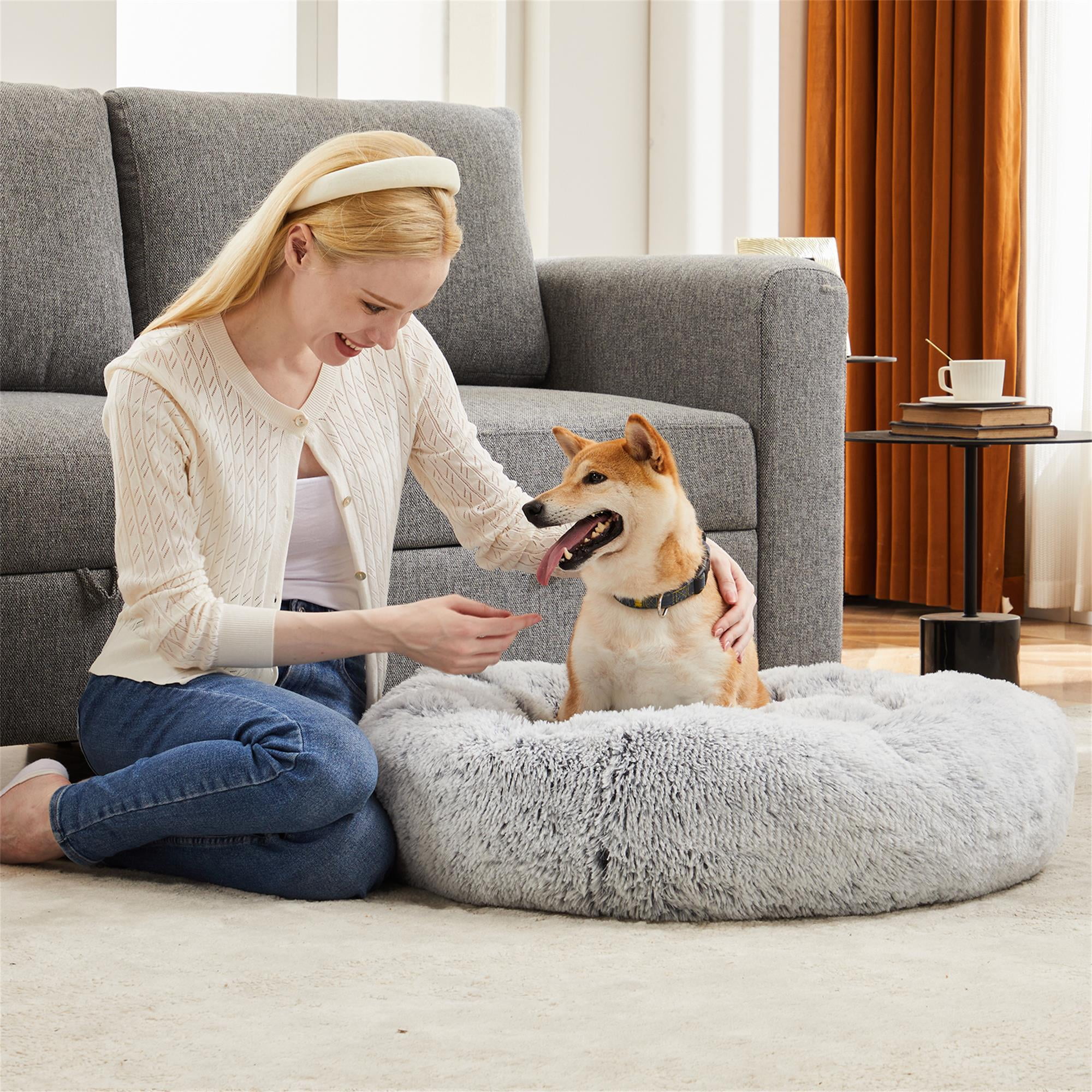 Kadyn 24" Calming Dog and Cat Beds for Small Medium Dogs, Anti-Anxiety Donut Cuddler Warming Cozy Soft Round Pet Sofa Bed, Gray