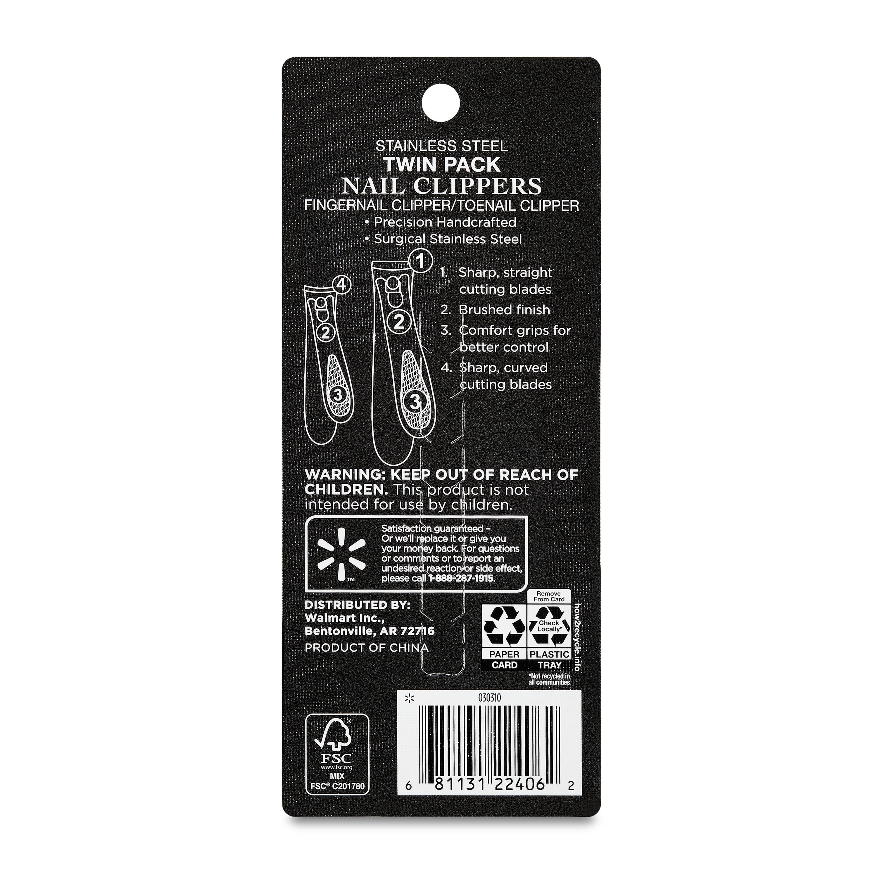 Equate Stainless Steel Twin-Pack Nail Clippers, 2 Pieces