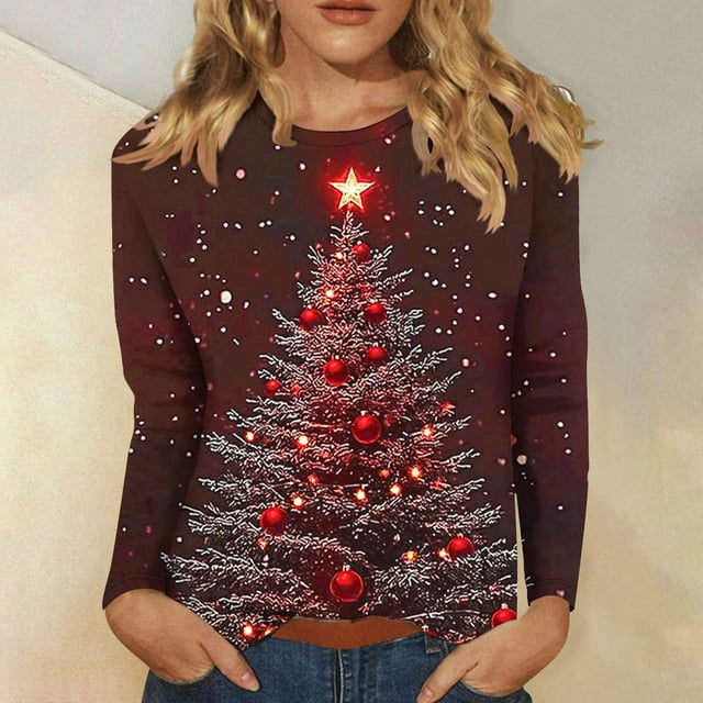BEFOKA Chemises d'Hiver pour Femmes Tops de Sortie T-Shirts de Noël Col Rond Imprimé Arbre de Noël Cadeaux Tee Tops Tenues de Vacances Tee Tops