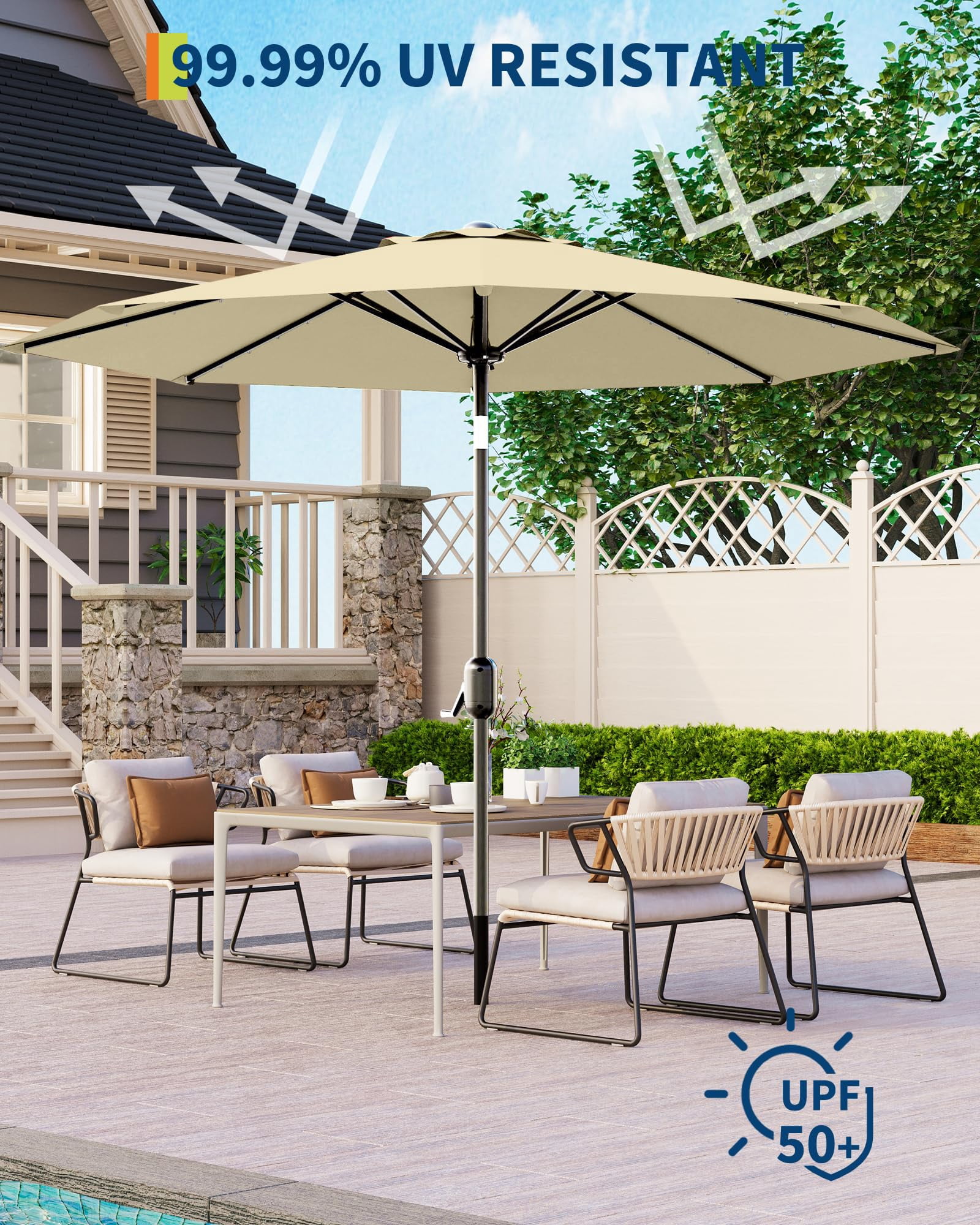 9 Ft Patio Umbrella with Solar Lights, Outdoor Table Umbrella with 32 LED Lights & Tilt Crank, 8 Ribs Market Umbrella for Pool, Deck, Backyard