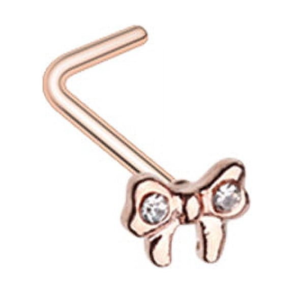 Rose Gold Dainty Bow-Tie Sparkle Gem L-Shape Nose Ring