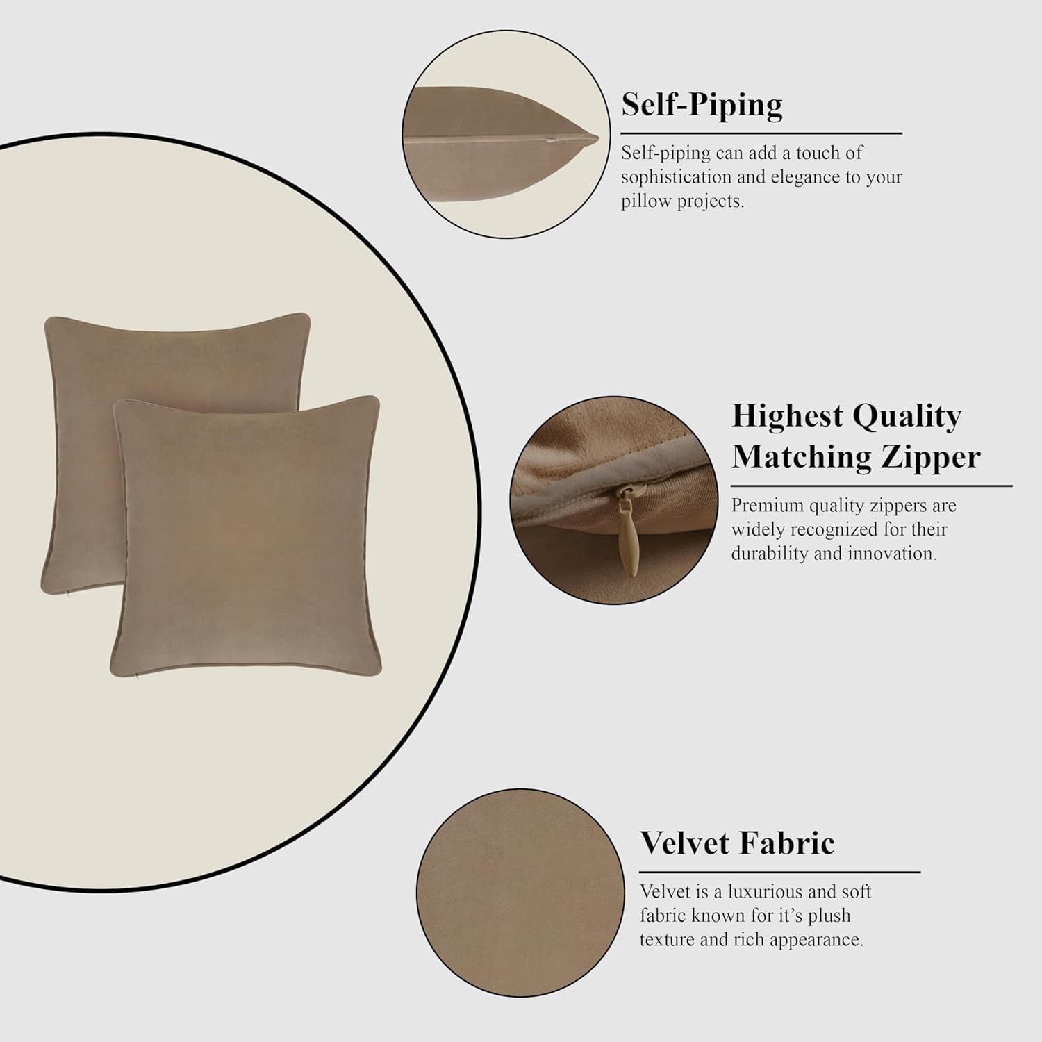 A1HC Set of 2 Luxurious Soft Velvet Throw Pillow Covers Only, 20"x20", Tan, Decorative Cushion Covers with Hidden YKK Zipper for Sofa or Bed