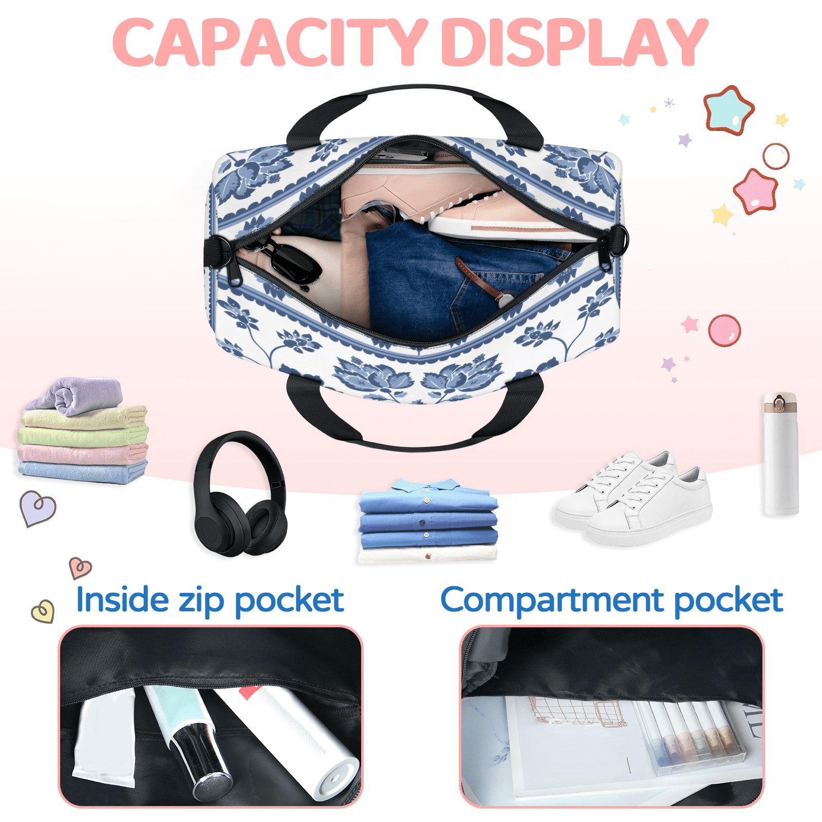 Herdesigns Floral Travel Duffle Bag Sports Yoga Weekender Overnight Carry on Workout Bags Lightweight Waterproof Gym Tote Bag for Women Vintage Flower