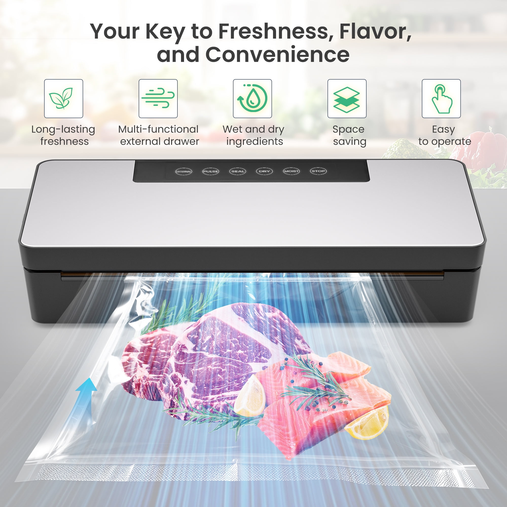 Naipo Vacuum Sealer Machine,Automatic Air Sealing System for Dry & Moist Foods, Powerful 90Kpa Precision 6-in-1 Compact Food Preservation System with Air Hose & Low-Noise(Silver)