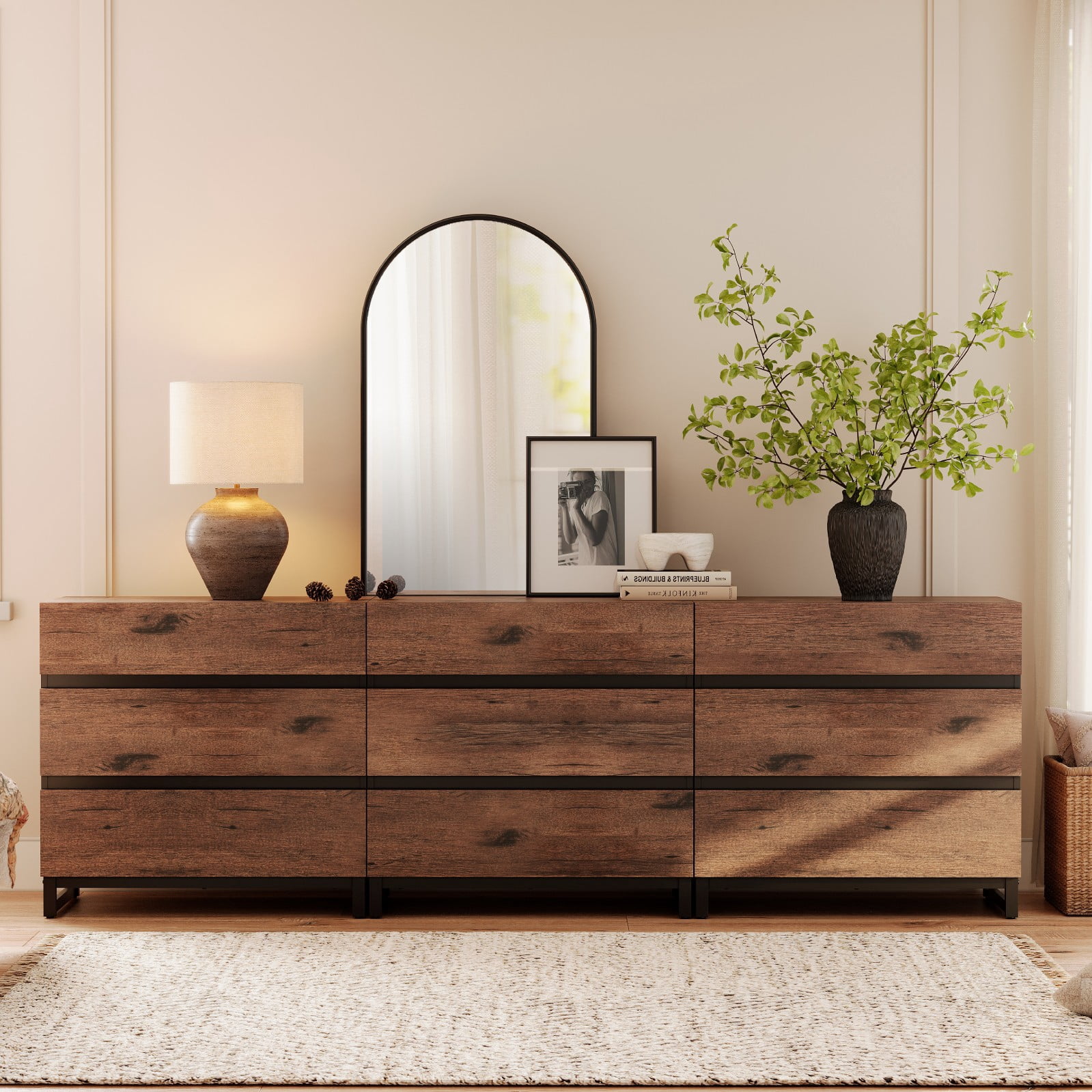 WAMPAT Modern 9-Drawer Chest of Drawers, Extra Large Wooden Dresser with Concealed Handles and Reinforced Metal Base, Freestanding Closet Storage Organizer for Bedroom Living Room, Brown