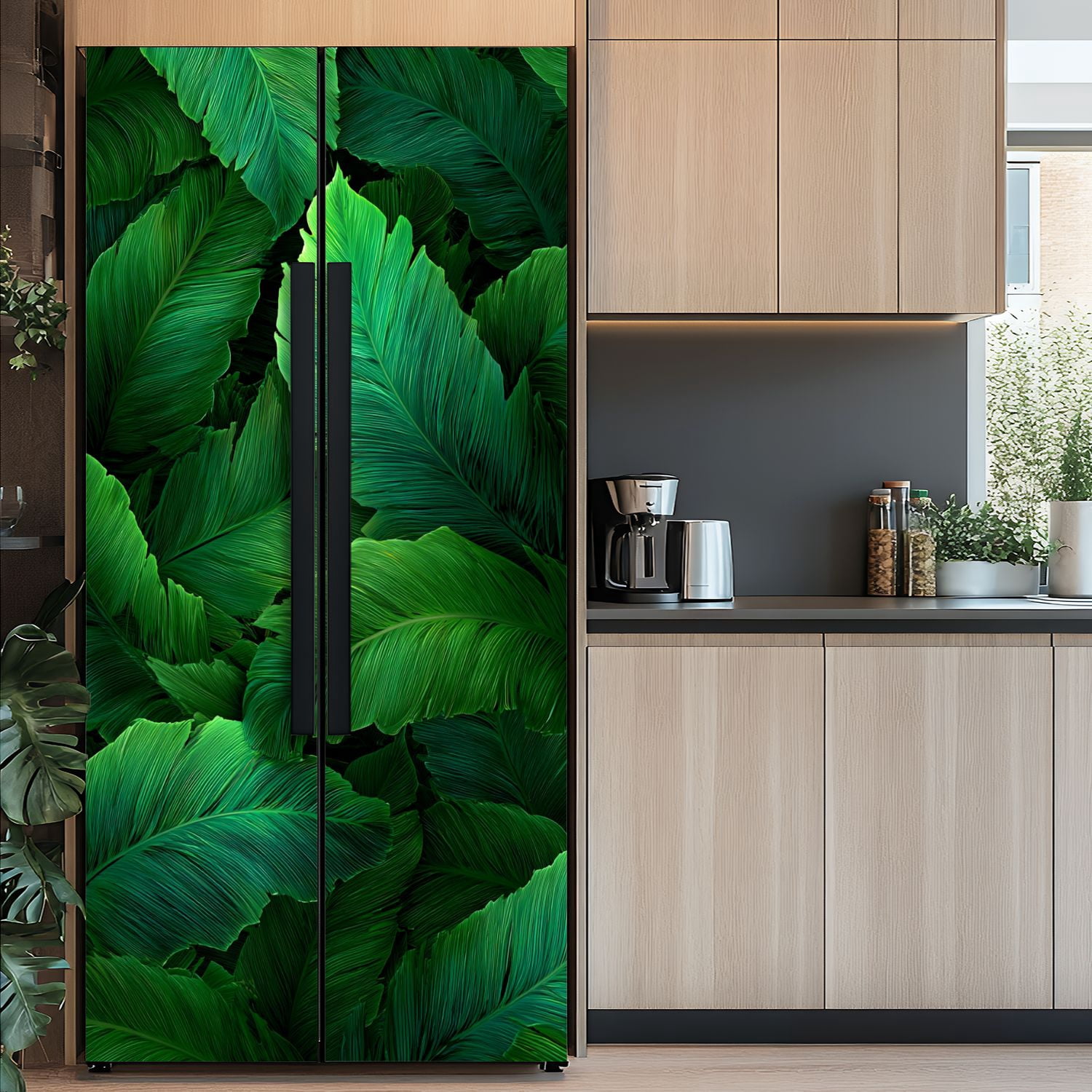 Self Adhesive Vinyl Refrigerator Wrap Set palm frond Tropical leaves Banana leaf Exotic design Door Mural Removable Fridge Sticker Peel and Stick&nbsp;Full Door Cover Decal Kitchen Bar Decor