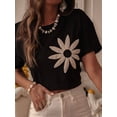 thumbnail image 6 of Womens 3D Floral Embroidery Pleated Soft Breathable Round Neck Short Sleeve Tshirt Black S, 6 of 9