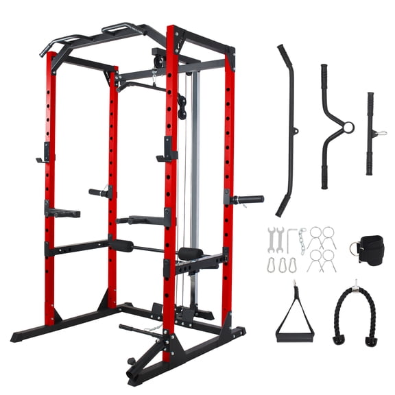 All-in-One Power Rack with Cable Crossover, Adjustable Squat Rack Cage with LAT Pulldown, Pull Up Bar, Safety Bars & Multiple Attachments for Home Gym Full Body Workout