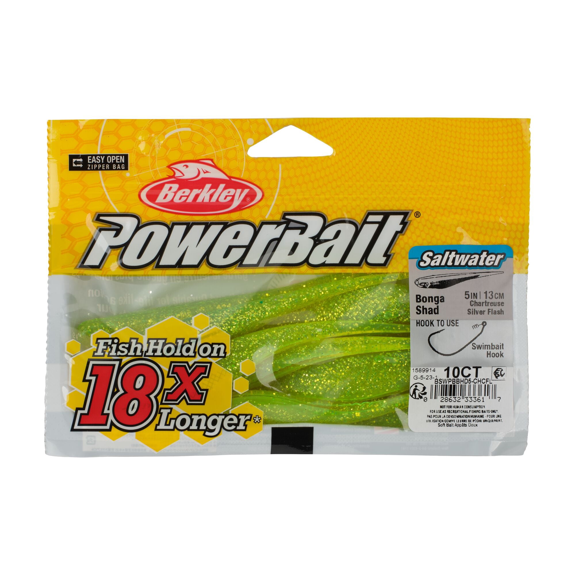Berkley PowerBait® Saltwater Bonga Shad, 5 in, Jerkbaits, Chartreuse Silver Flash (10-count)