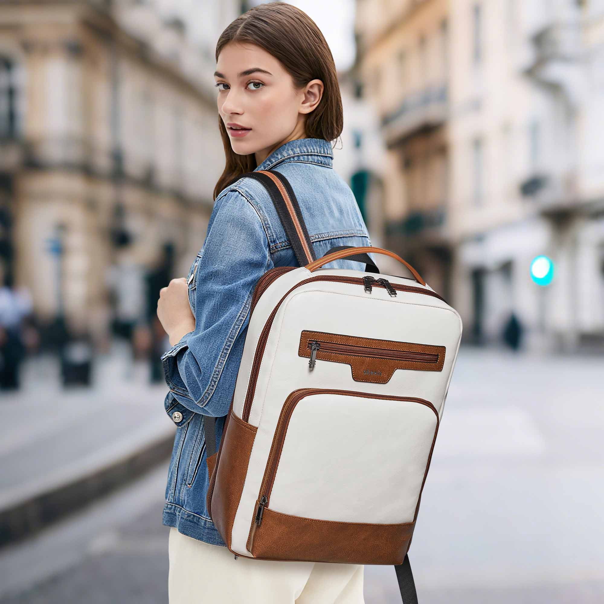 Shrrie Leather Laptop Backpack for Women and Men,28 L Travel Backpack Computer Bag Fits 16 inch Laptop,Expandable Casual Daypack with USB Charging Port for Work Business Weekender College