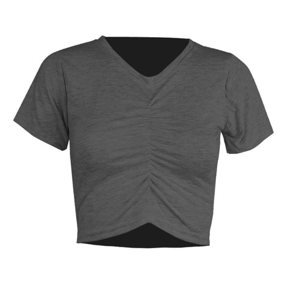 YHAJDS Short Sleeve Tops for Women Plain Tshirts Round Neck Solid Color Cropped Tee with Ruffle Detail Casual Top