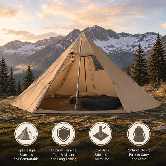 Hot Tent for 2 Persons, Portable Winter Tipi Tent with Stove Jack, Waterproof 4 Season Camping Shelter, Brown, S Size